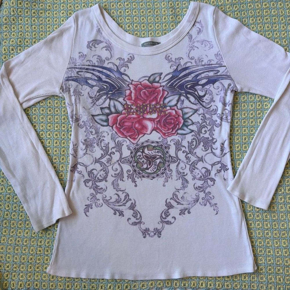 Nally & Millie Vintage Y2K White Sequin Grunge Rose Thermal Top XL